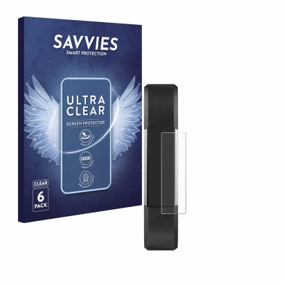 Face avant d’un emballage produit avec le logo de la marque Savvies. À côté, l’appareil Fitbit Alta HR est représenté avec la 
