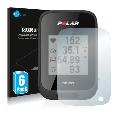 Face avant d’un emballage produit avec le logo de la marque Savvies. À côté, l’appareil Polar M460 est représenté avec la prot
