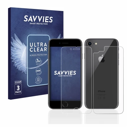 Face avant d’un emballage produit avec le logo de la marque Savvies. À côté, l’appareil Apple iPhone 8 (Avant+Arrière) est rep