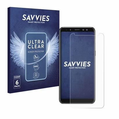 Face avant d’un emballage produit avec le logo de la marque Savvies. À côté, l’appareil Samsung Galaxy A8 2018 est représenté 