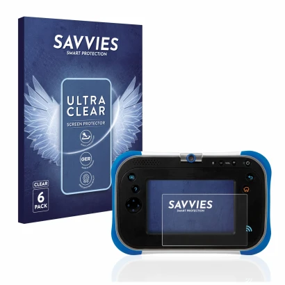 Face avant d’un emballage produit avec le logo de la marque Savvies. À côté, l’appareil Vtech Storio Max 2.0 est représenté av