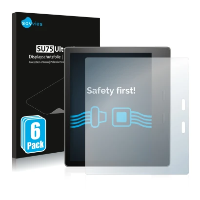 Face avant d’un emballage produit avec le logo de la marque Savvies. À côté, l’appareil Amazon Kindle Oasis 2017 (9ème Gen.) e