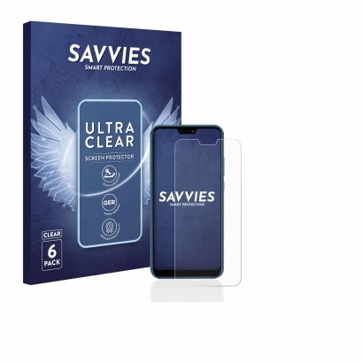 Face avant d’un emballage produit avec le logo de la marque Savvies. À côté, l’appareil Huawei P20 lite 2018 est représenté av