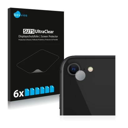 Face avant d’un emballage produit avec le logo de la marque Savvies. À côté, l’appareil Apple iPhone SE 2 2020 (Caméra UNIQUEM