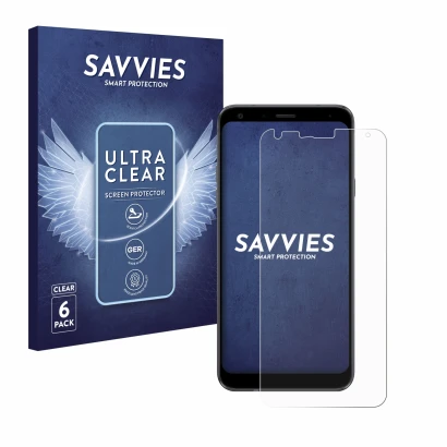 Face avant d’un emballage produit avec le logo de la marque Savvies. À côté, l’appareil LG Q7 est représenté avec la protectio