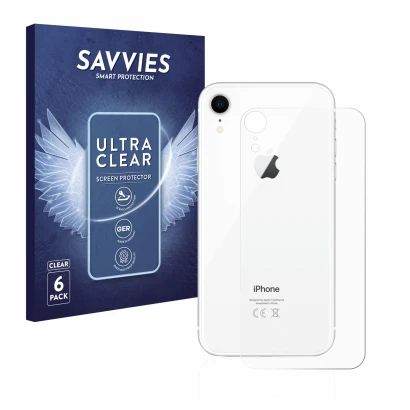 Face avant d’un emballage produit avec le logo de la marque Savvies. À côté, l’appareil Apple iPhone XR (Le dos) est représent