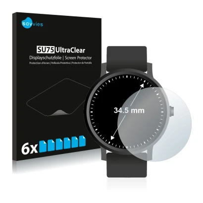 Face avant d’un emballage produit avec le logo de la marque Savvies. À côté, l’appareil Montres (Circulaire, ø: 34.5 mm) est r