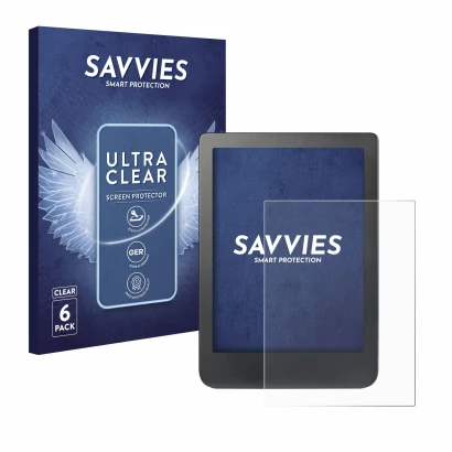 Face avant d’un emballage produit avec le logo de la marque Savvies. À côté, l’appareil Kobo Clara HD (6") est représenté avec