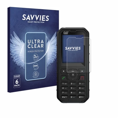 Face avant d’un emballage produit avec le logo de la marque Savvies. À côté, l’appareil Caterpillar Cat B35 est représenté ave