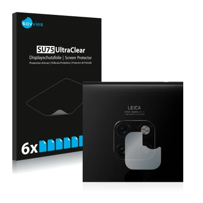 Face avant d’un emballage produit avec le logo de la marque Savvies. À côté, l’appareil Huawei Mate 20 (Caméra UNIQUEMENT) est