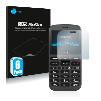 Face avant d’un emballage produit avec le logo de la marque Savvies. À côté, l’appareil Doro 1370 est représenté avec la prote