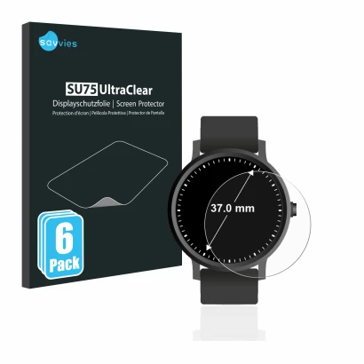 Face avant d’un emballage produit avec le logo de la marque Savvies. À côté, l’appareil Circulaire Displays (ø: 37 mm) est rep