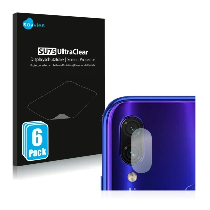 Face avant d’un emballage produit avec le logo de la marque Savvies. À côté, l’appareil Xiaomi Redmi Note 7 (Caméra UNIQUEMENT