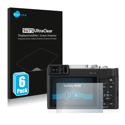 Face avant d’un emballage produit avec le logo de la marque Savvies. À côté, l’appareil Panasonic Lumix DC-TZ96 est représenté