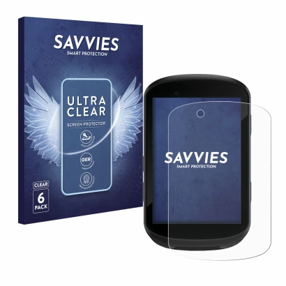 Face avant d’un emballage produit avec le logo de la marque Savvies. À côté, l’appareil Garmin Edge 830 est représenté avec la