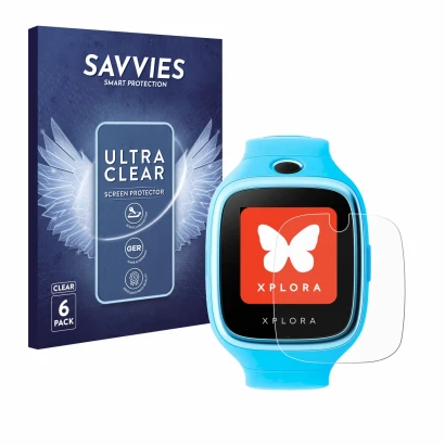 Face avant d’un emballage produit avec le logo de la marque Savvies. À côté, l’appareil Xplora Go est représenté avec la prote