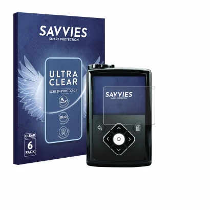 Face avant d’un emballage produit avec le logo de la marque Savvies. À côté, l’appareil Medtronic Minimed 640G est représenté 