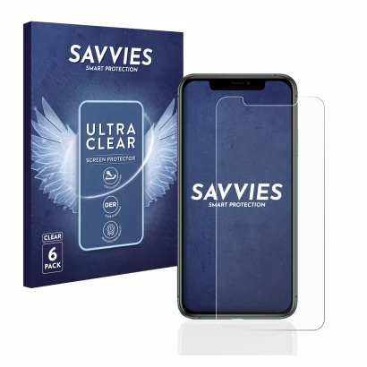 Face avant d’un emballage produit avec le logo de la marque Savvies. À côté, l’appareil Apple iPhone 11 Pro Max est représenté