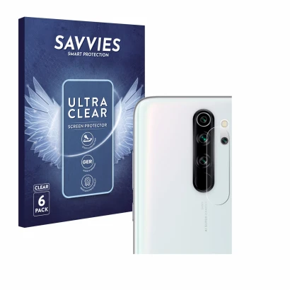 Face avant d’un emballage produit avec le logo de la marque Savvies. À côté, l’appareil Xiaomi Redmi Note 8 Pro (Caméra UNIQUE