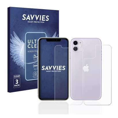 Face avant d’un emballage produit avec le logo de la marque Savvies. À côté, l’appareil Apple iPhone 11 (Avant+Arrière) est re