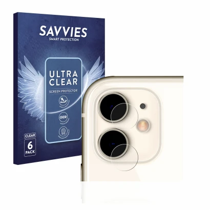 Face avant d’un emballage produit avec le logo de la marque Savvies. À côté, l’appareil Apple iPhone 11 (Caméra UNIQUEMENT) es