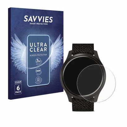 Face avant d’un emballage produit avec le logo de la marque Savvies. À côté, l’appareil Garmin vivomove Style (42 mm) est repr