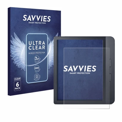 Face avant d’un emballage produit avec le logo de la marque Savvies. À côté, l’appareil Kobo Libra H2O est représenté avec la 
