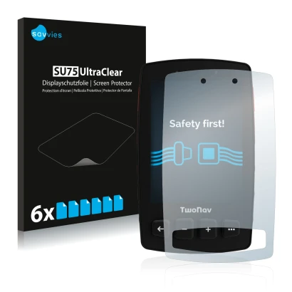 Face avant d’un emballage produit avec le logo de la marque Savvies. À côté, l’appareil TwoNav Trail 2 est représenté avec la 