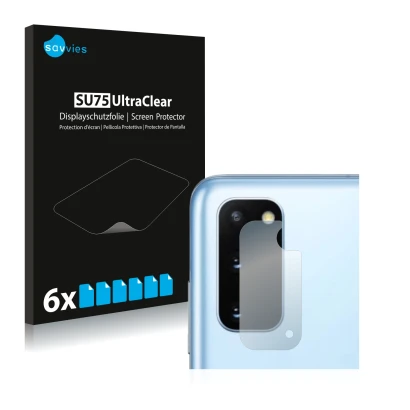 Face avant d’un emballage produit avec le logo de la marque Savvies. À côté, l’appareil Samsung Galaxy S20 (Caméra UNIQUEMENT)