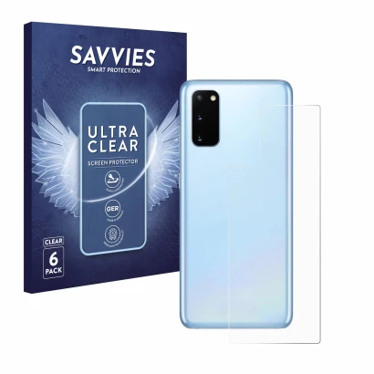 Face avant d’un emballage produit avec le logo de la marque Savvies. À côté, l’appareil Samsung Galaxy S20 (Arrière) est repré