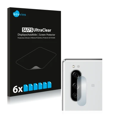 Face avant d’un emballage produit avec le logo de la marque Savvies. À côté, l’appareil Sony Xperia 5 (Caméra UNIQUEMENT) est 