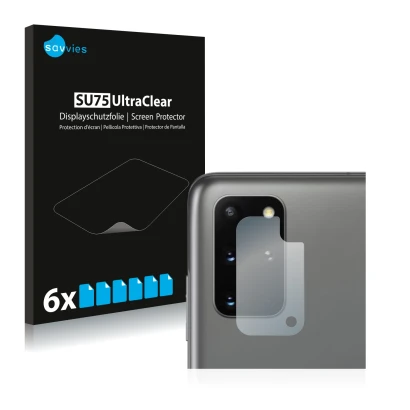 Face avant d’un emballage produit avec le logo de la marque Savvies. À côté, l’appareil Samsung Galaxy S20 Plus (Caméra UNIQUE