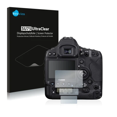 Face avant d’un emballage produit avec le logo de la marque Savvies. À côté, l’appareil Canon EOS 1D X Mark III est représenté