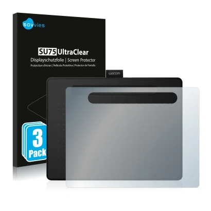Face avant d’un emballage produit avec le logo de la marque Savvies. À côté, l’appareil Wacom Intuos M est représenté avec la 