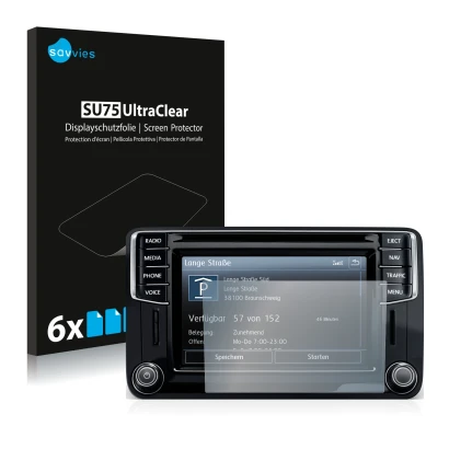 Face avant d’un emballage produit avec le logo de la marque Savvies. À côté, l’appareil Volkswagen Caddy 2015 Discover Media 6