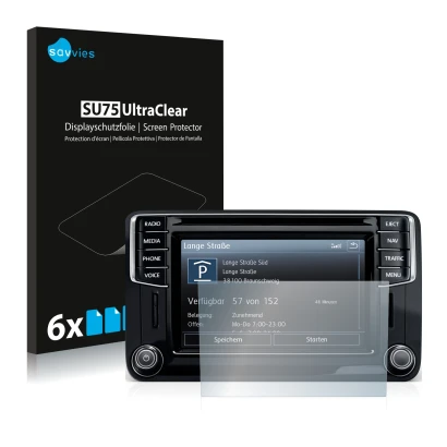 Face avant d’un emballage produit avec le logo de la marque Savvies. À côté, l’appareil Volkswagen Amarok Discover Media 6.5" 