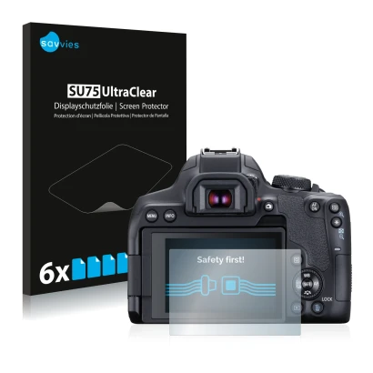 Face avant d’un emballage produit avec le logo de la marque Savvies. À côté, l’appareil Canon EOS 850D est représenté avec la 
