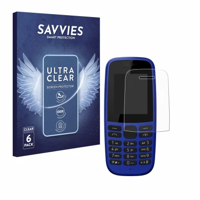 Face avant d’un emballage produit avec le logo de la marque Savvies. À côté, l’appareil Nokia 105 DS 2019 est représenté avec 