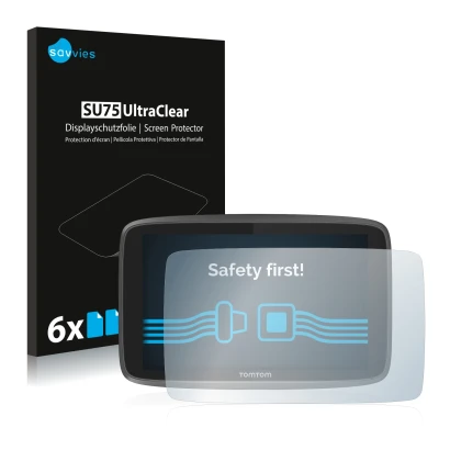 Face avant d’un emballage produit avec le logo de la marque Savvies. À côté, l’appareil TomTom Go Professional 6250 est représ