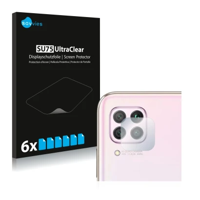 Face avant d’un emballage produit avec le logo de la marque Savvies. À côté, l’appareil Huawei P40 lite (Caméra UNIQUEMENT) es