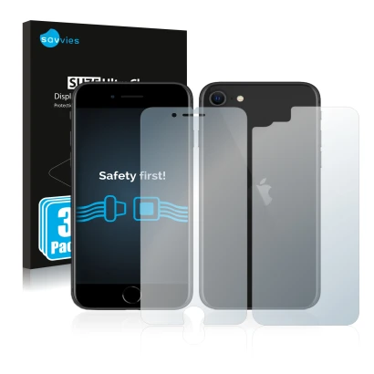 Face avant d’un emballage produit avec le logo de la marque Savvies. À côté, l’appareil Apple iPhone SE 2 2020 (Avant+Arrière)