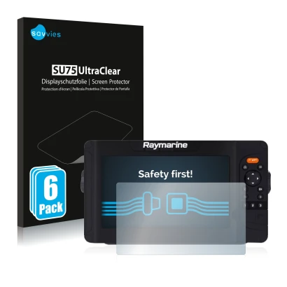 Face avant d’un emballage produit avec le logo de la marque Savvies. À côté, l’appareil Raymarine Element 7 HV est représenté 