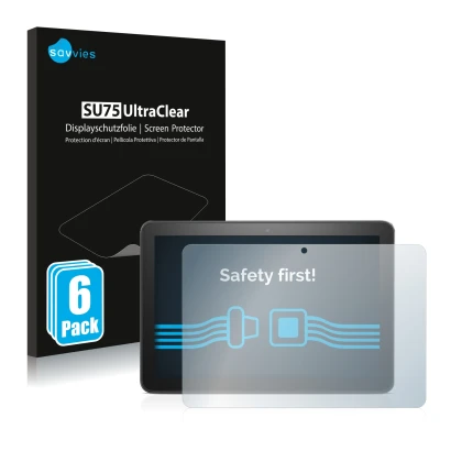 Face avant d’un emballage produit avec le logo de la marque Savvies. À côté, l’appareil Amazon Fire HD 8 Plus 2020 (10ème Gen.