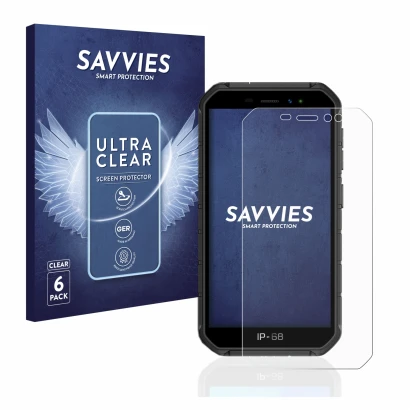 Face avant d’un emballage produit avec le logo de la marque Savvies. À côté, l’appareil Ulefone Armor X7 Pro est représenté av