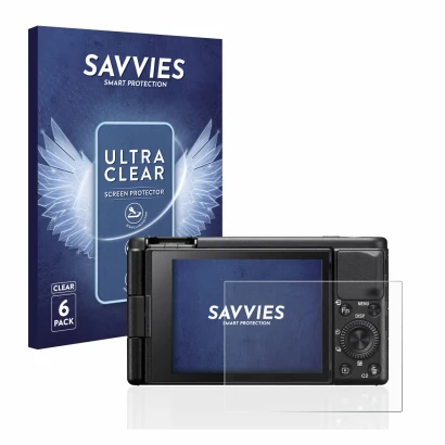 Face avant d’un emballage produit avec le logo de la marque Savvies. À côté, l’appareil Sony ZV-1 est représenté avec la prote