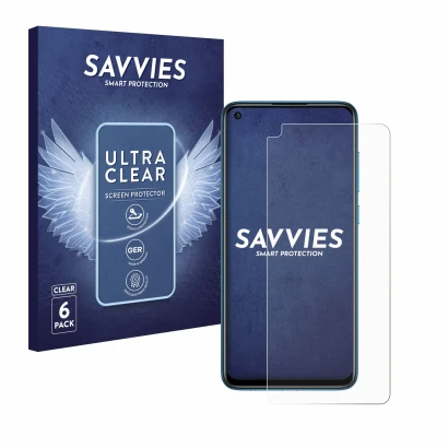 Face avant d’un emballage produit avec le logo de la marque Savvies. À côté, l’appareil Xiaomi Redmi Note 9 est représenté ave