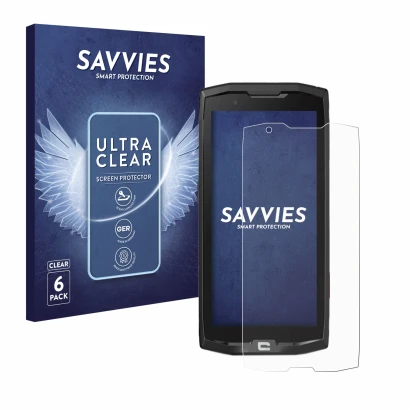 Face avant d’un emballage produit avec le logo de la marque Savvies. À côté, l’appareil Crosscall Core X4 est représenté avec 