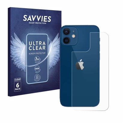 Face avant d’un emballage produit avec le logo de la marque Savvies. À côté, l’appareil Apple iPhone 12 (Arrière) est représen