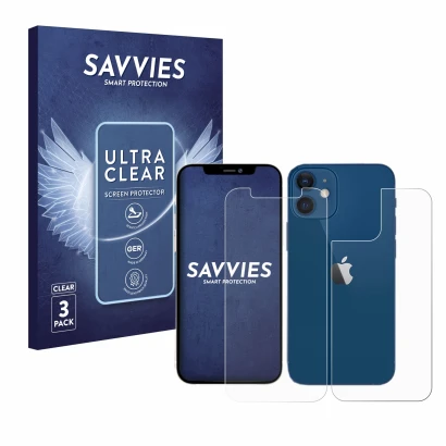 Face avant d’un emballage produit avec le logo de la marque Savvies. À côté, l’appareil Apple iPhone 12 (Avant+Arrière) est re