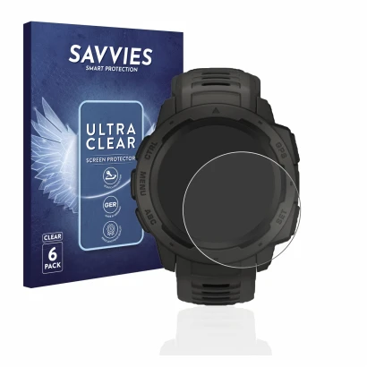 Face avant d’un emballage produit avec le logo de la marque Savvies. À côté, l’appareil Garmin Instinct Solar est représenté a